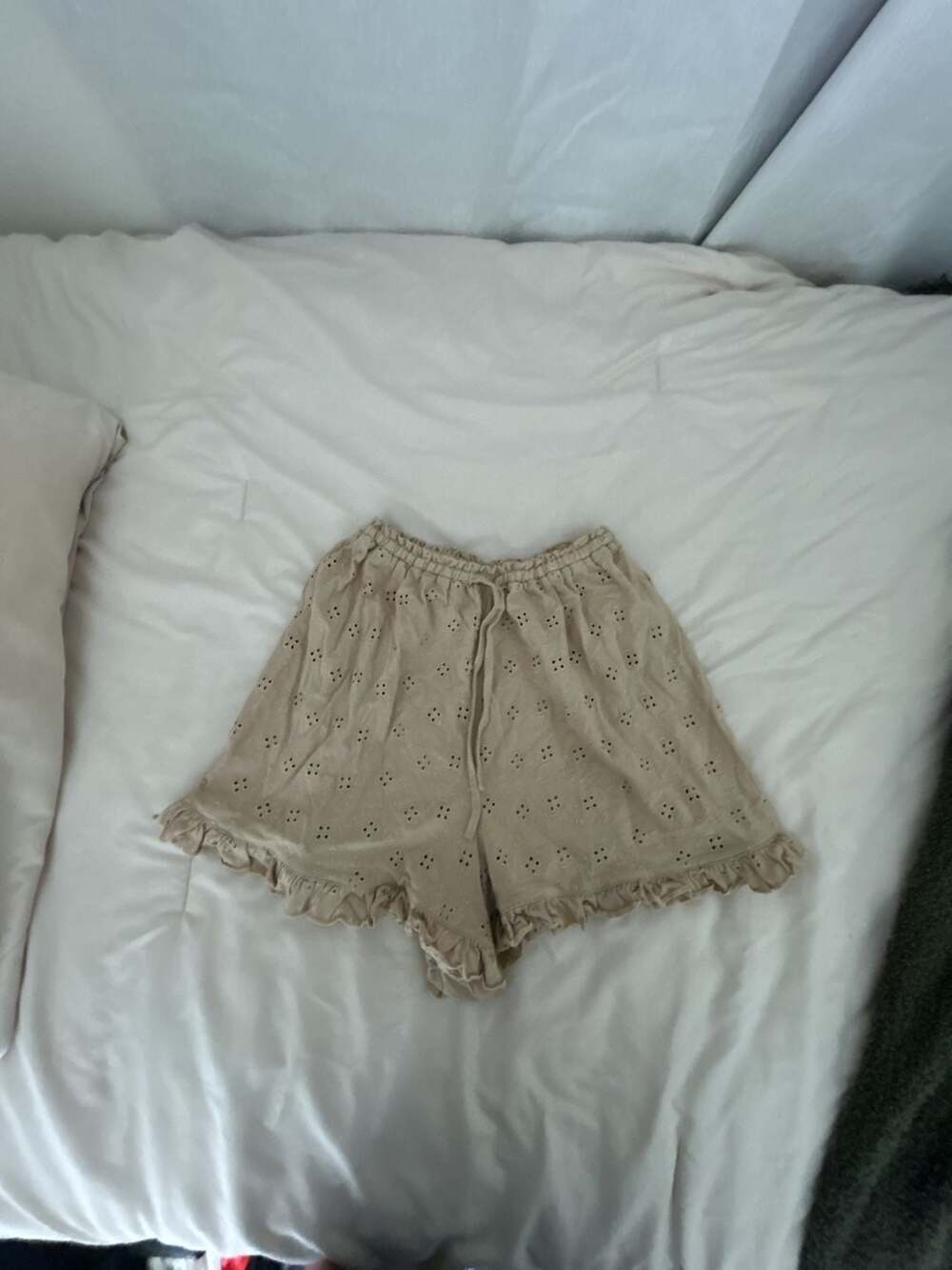 ASOS DESIGN broderie eyelet ruffle hem drawstring shorts